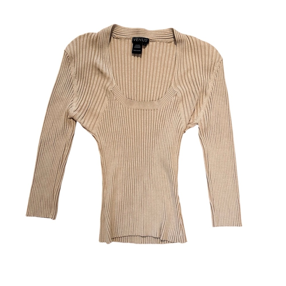VENUS Women's Beige Ribbed Long Sleeve Top
